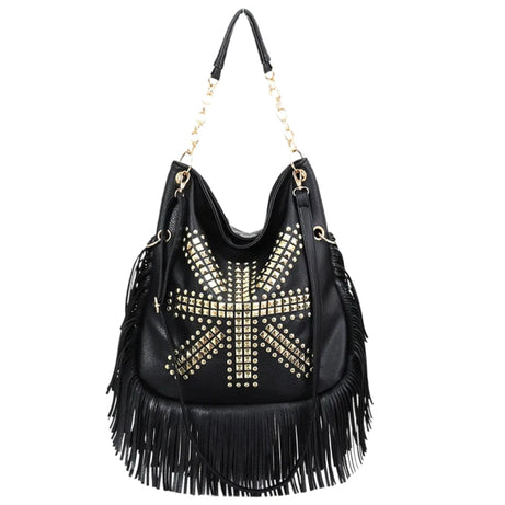 Sac à Main Besace Noir avec Frange et Motif Original