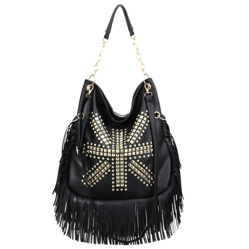 Sac à Main Besace Noir avec Frange et Motif Original