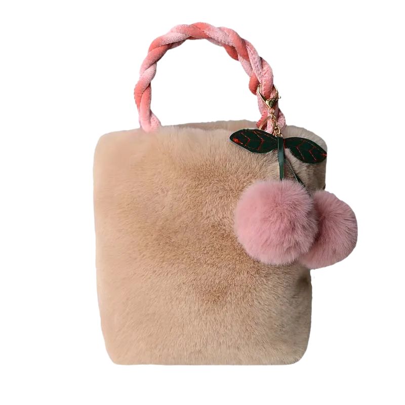 Sac à Main Fausse Fourrure avec Pendentif Cerise