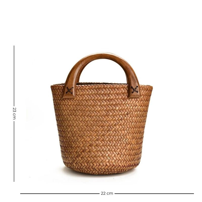 Sac à Main Panier en Osier avec Poignée en Bois