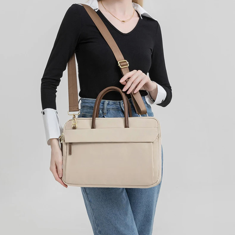 Sac Ordinateur Femme Beige en Nylon