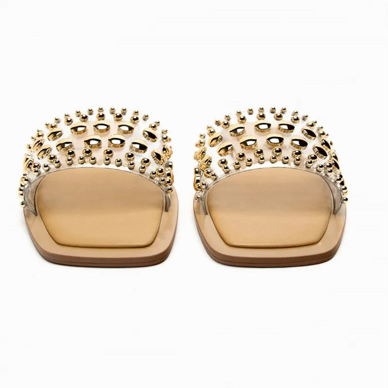 Sandale Femme Cloutée Beige et Plate