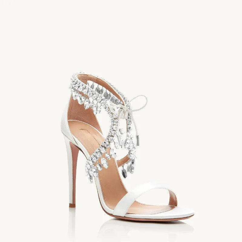 Sandale Femme Mariage avec Talons Hauts Fins et Faux Diamants