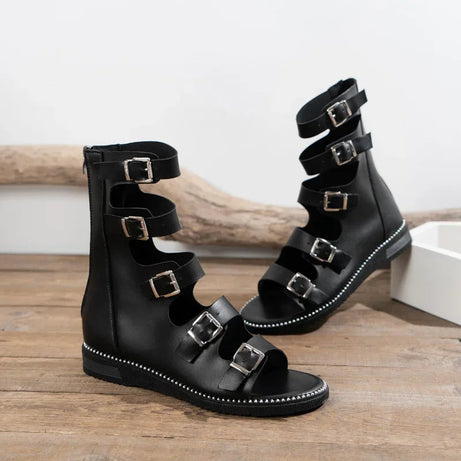 Sandale Gladiator Noire avec Multiples Fermetures à Boucle