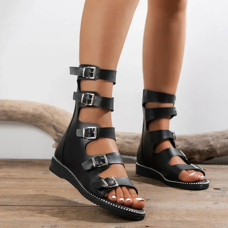 Sandale Gladiator Noire avec Multiples Fermetures à Boucle