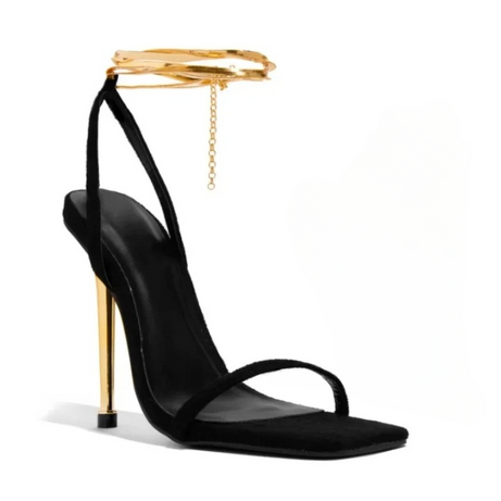 Sandale Gladiator Noire à Talon Haut Doré