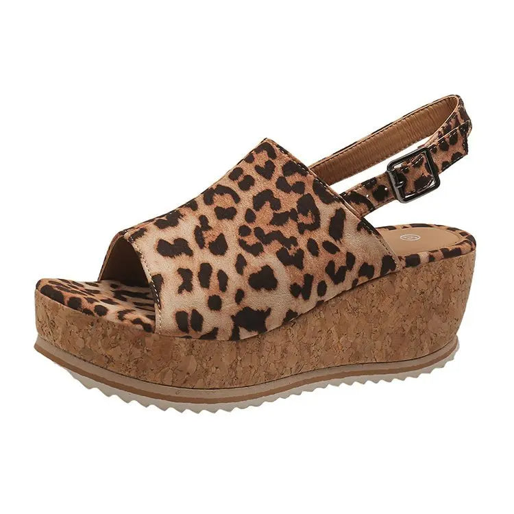 Sandale Léopard Compensée Style Rétro