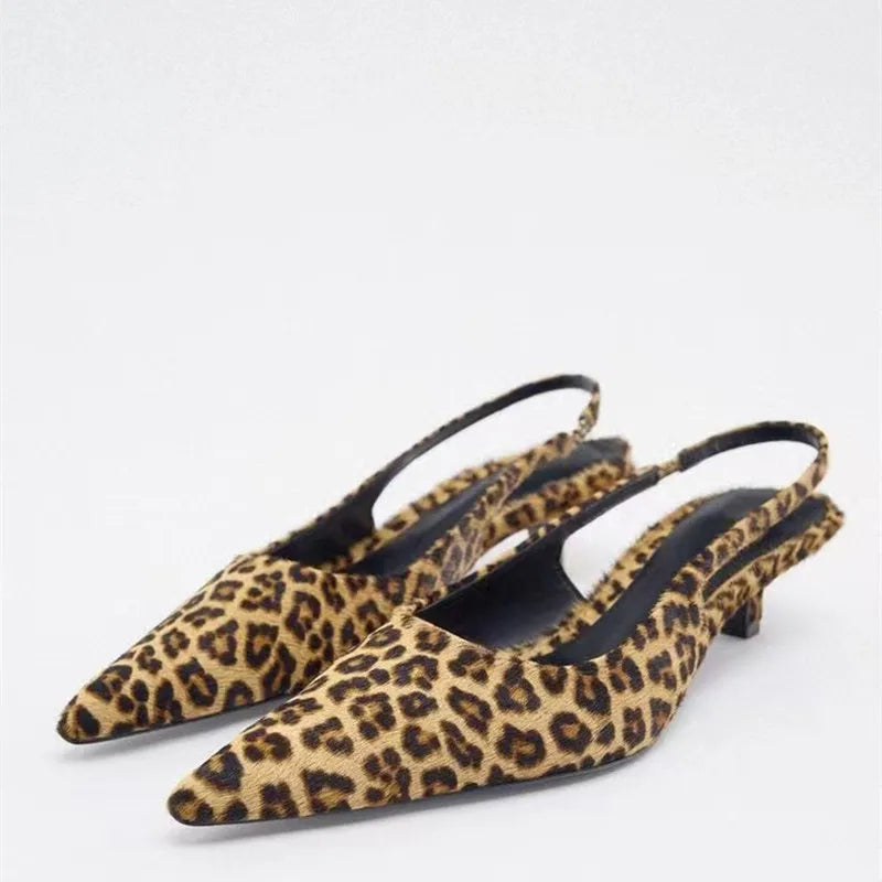 Sandale Leopard Pointue à Talon Bas et Fin