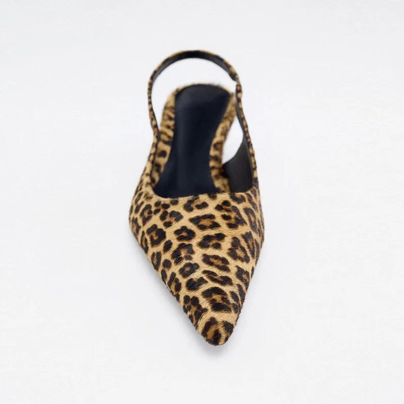 Sandale Leopard Pointue à Talon Bas et Fin
