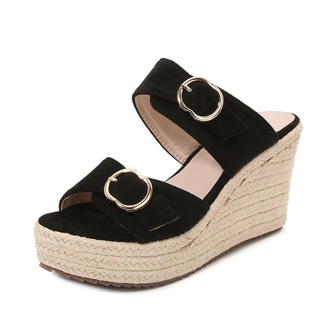 Sandale Talon Compensée Style Pantoufle Noire