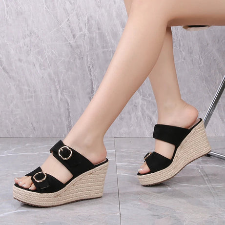 Sandale Talon Compensée Style Pantoufle Noire