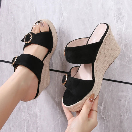 Sandale Talon Compensée Style Pantoufle Noire