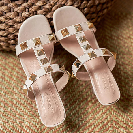 Sandale Talon Femme 7 - 10 cm Blanche avec Rivets Cloutés