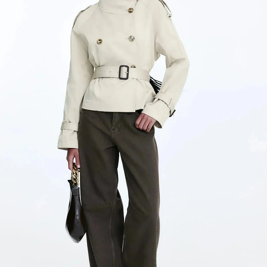 Trench-coat femme col montant ceinture nouée