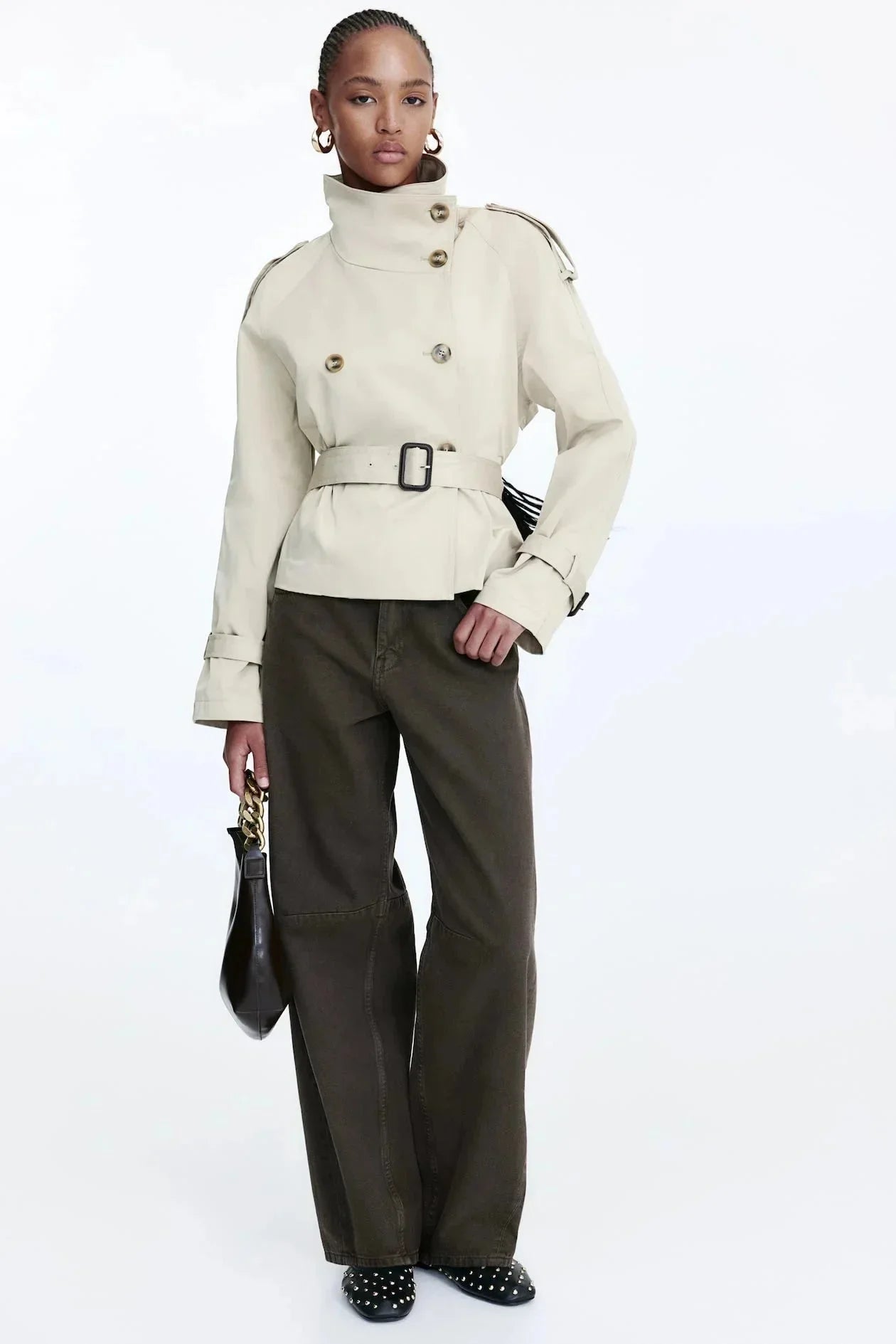 Trench-coat femme col montant ceinture nouée