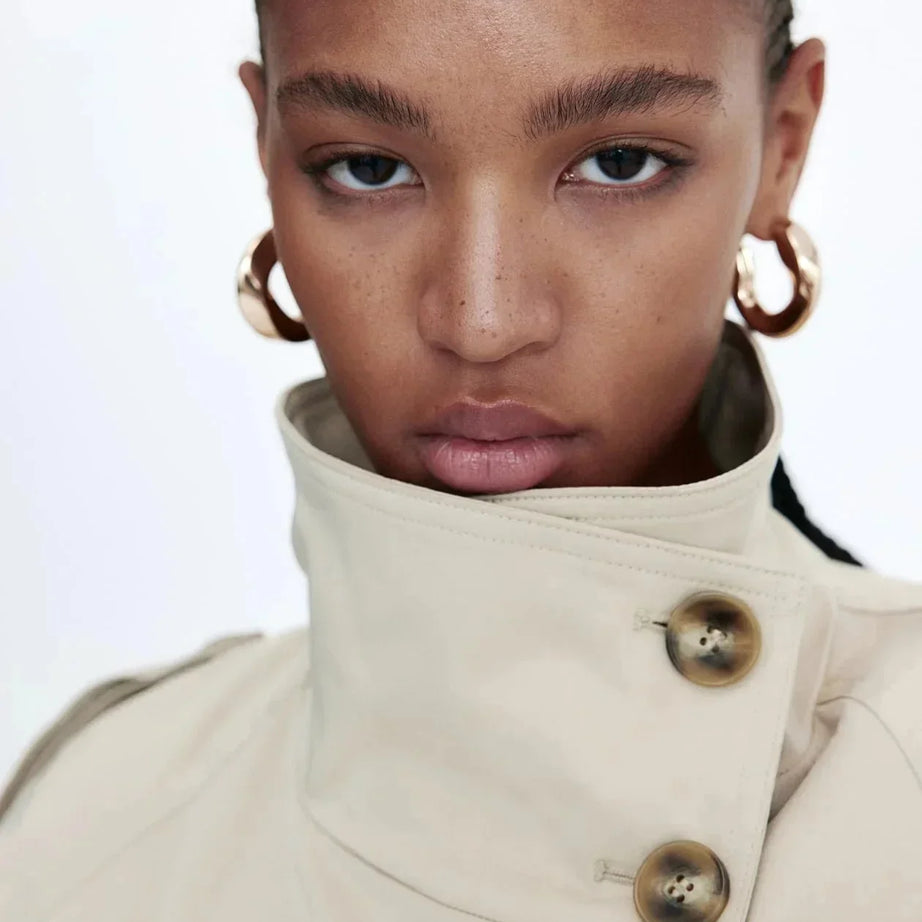 Trench-coat femme col montant ceinture nouée