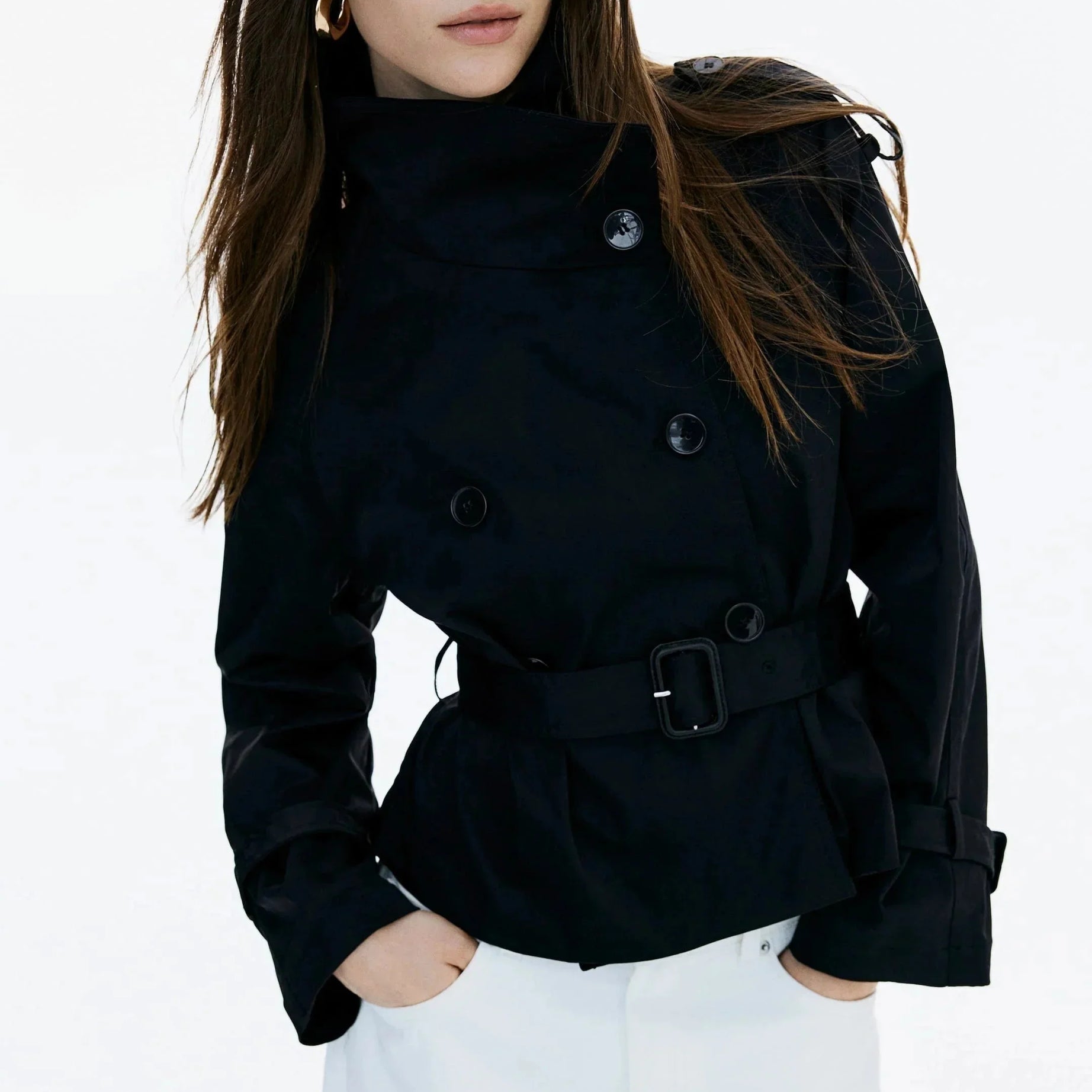 Trench-coat femme col montant ceinture nouée