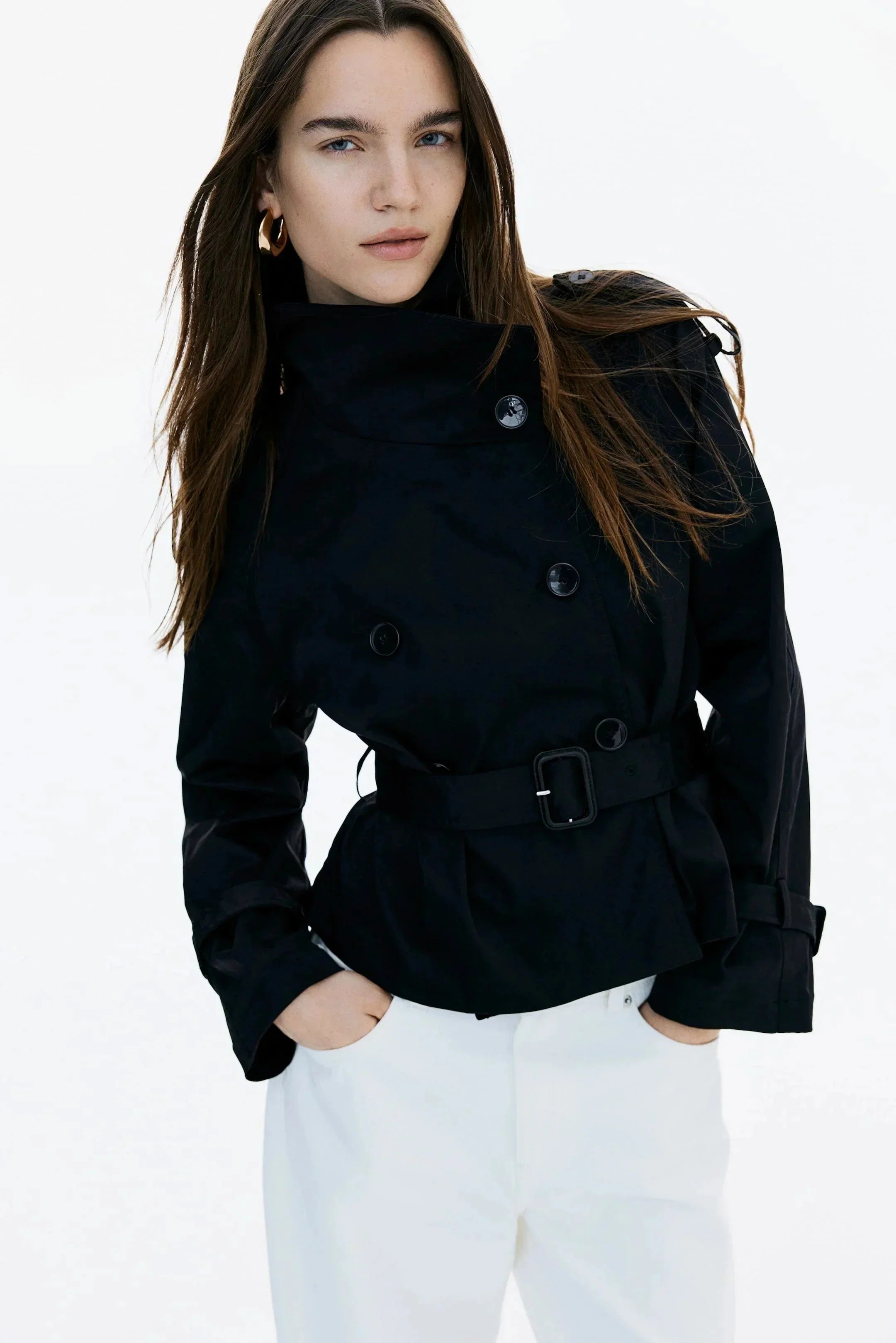 Trench-coat femme col montant ceinture nouée