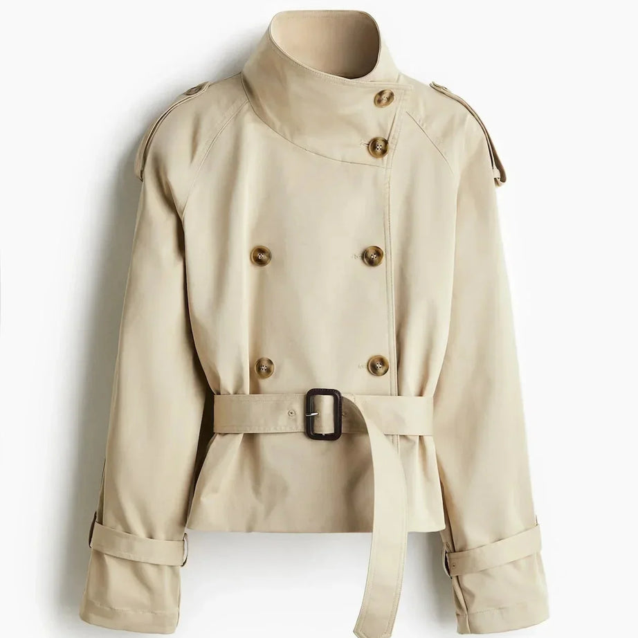 Trench-coat femme col montant ceinture nouée