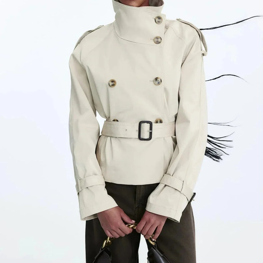 Trench-coat femme col montant ceinture nouée