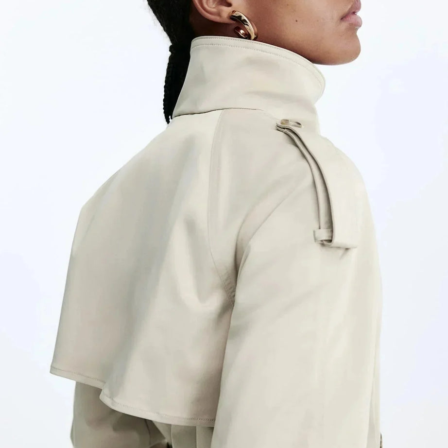 Trench-coat femme col montant ceinture nouée