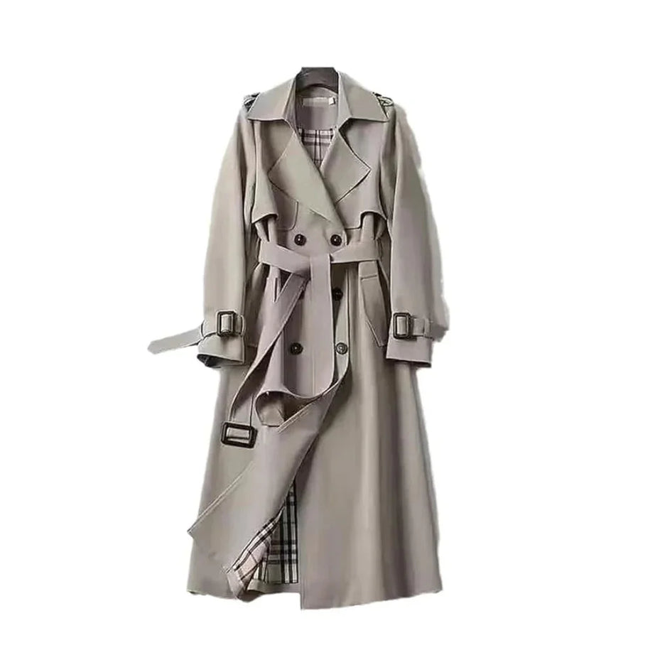 Trench-coat long femme ceinturé à revers