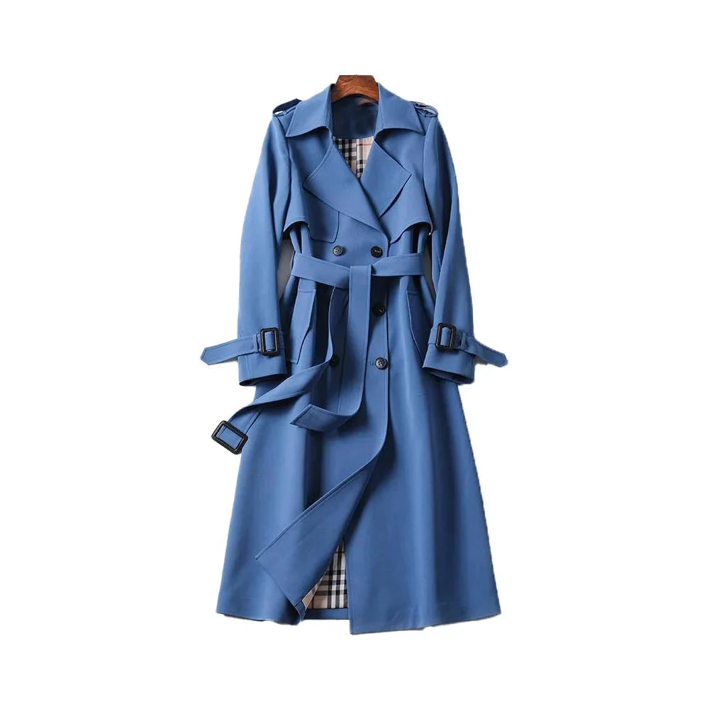 Trench-coat long femme ceinturé à revers