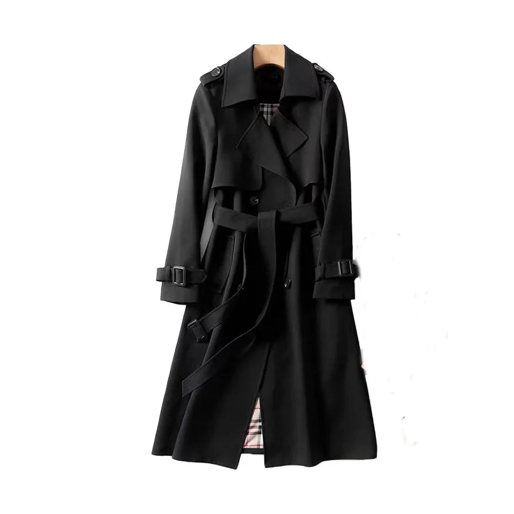 Trench-coat long femme ceinturé à revers