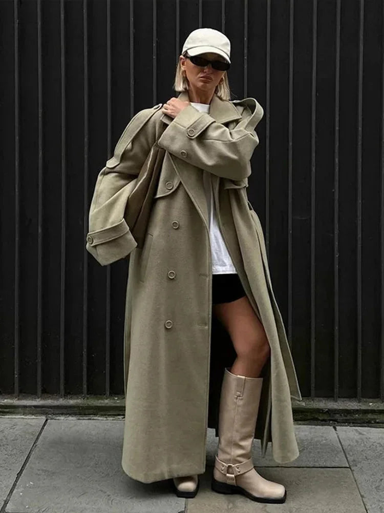 Trench coat long oversized femme à larges revers