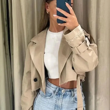 Trench court beige femme manches longues élégantes
