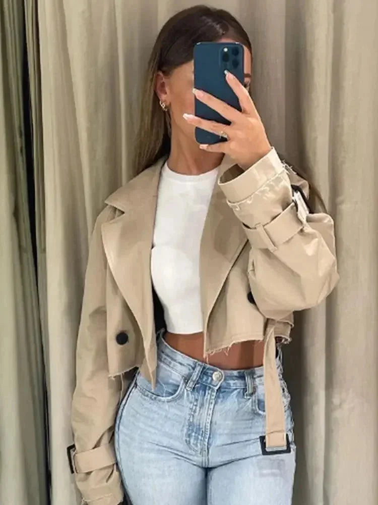 Trench court beige femme manches longues élégantes