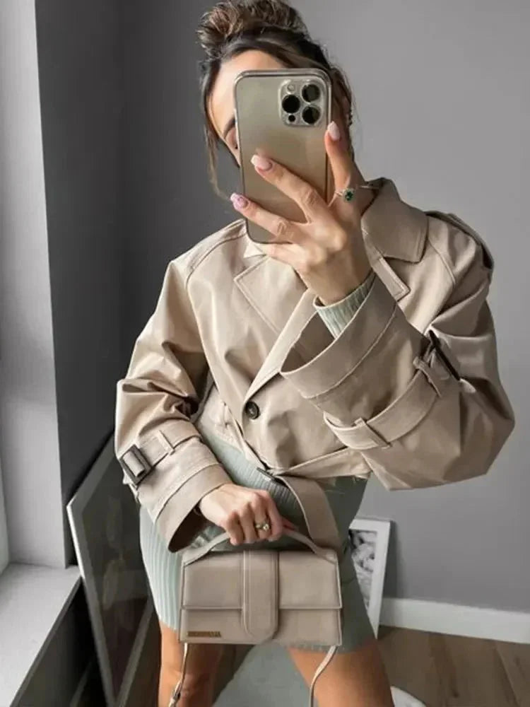 Trench court beige femme manches longues élégantes