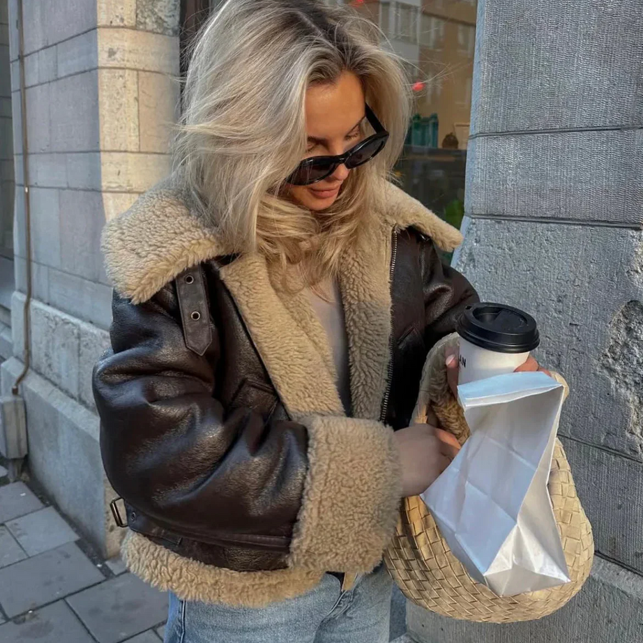 Veste aviateur femme marron simili cuir