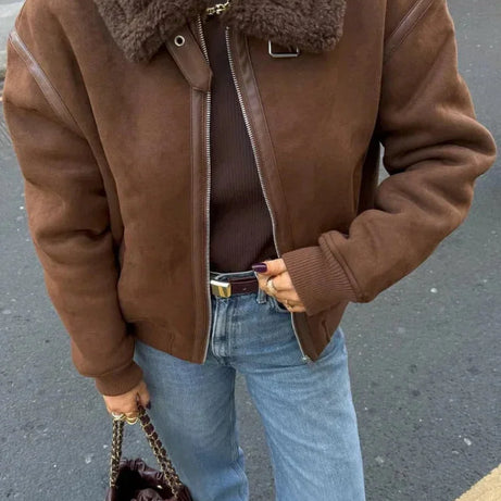 Veste aviateur marron femme avec col en fausse fourrure