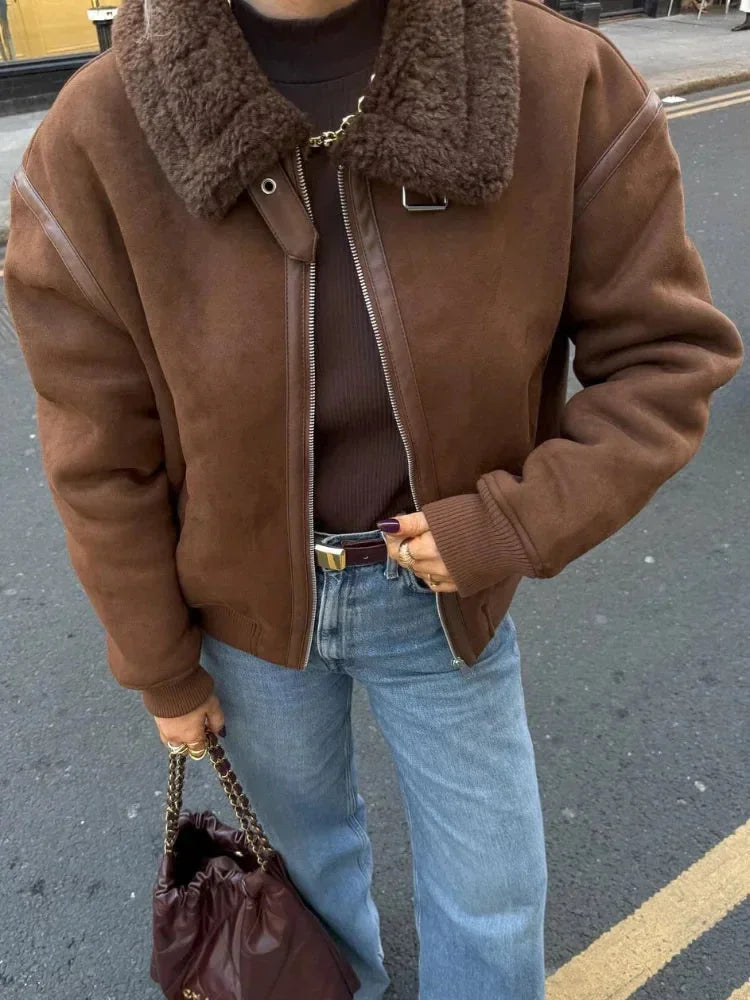 Veste aviateur marron femme avec col en fausse fourrure