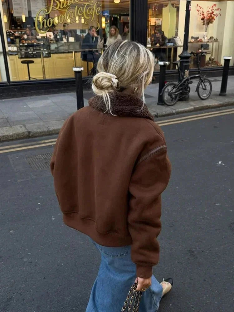 Veste aviateur marron femme avec col en fausse fourrure