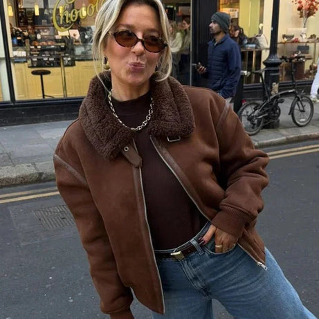 Veste aviateur marron femme avec col en fausse fourrure