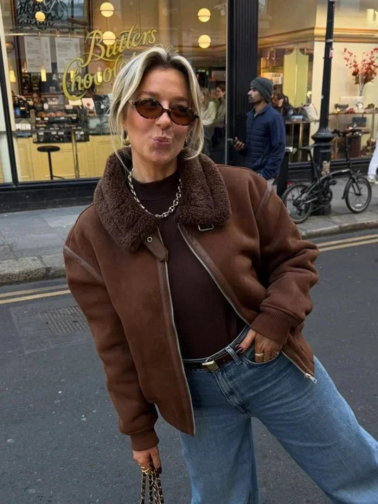 Veste aviateur marron femme avec col en fausse fourrure
