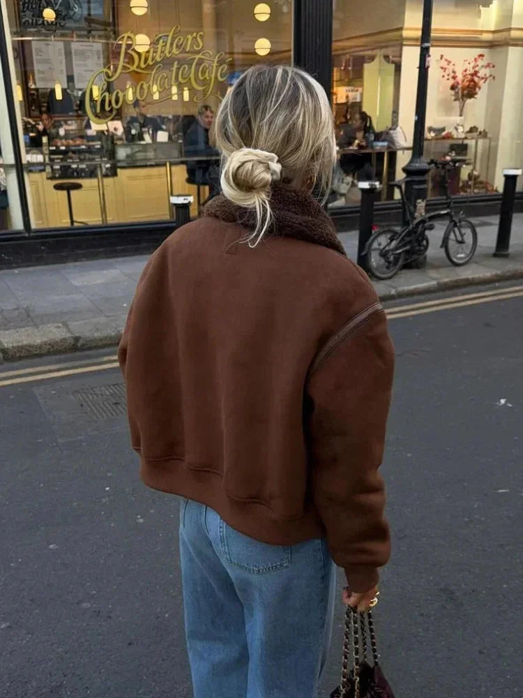 Veste aviateur marron femme avec col en fausse fourrure