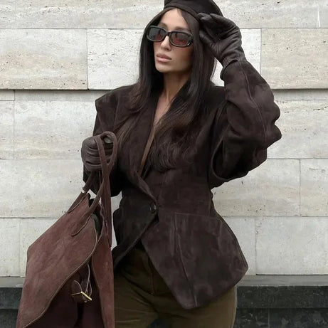 Veste blazer femme en faux daim chic