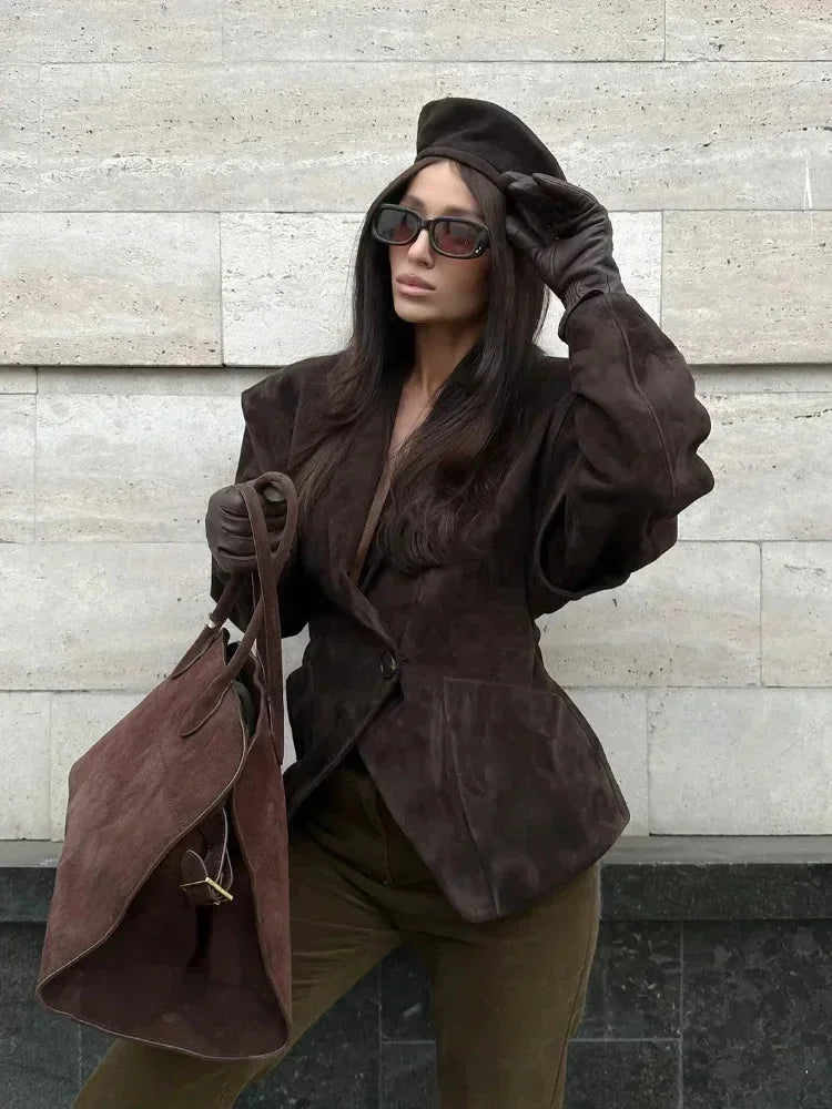 Veste blazer femme en faux daim chic