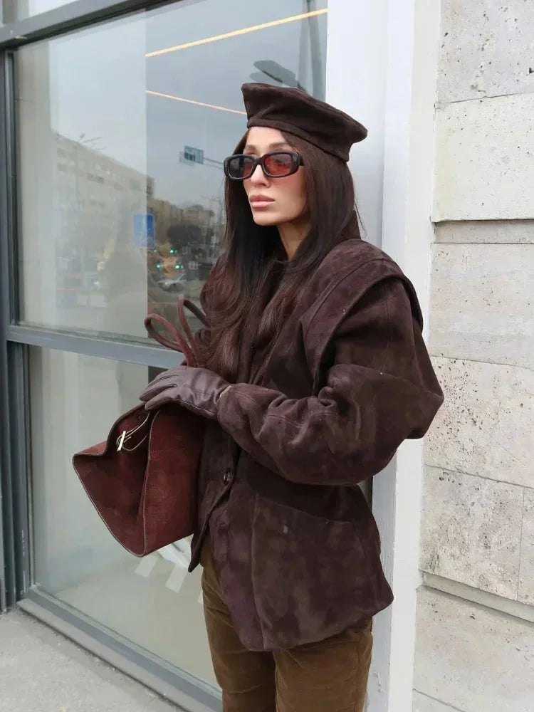 Veste blazer femme en faux daim chic