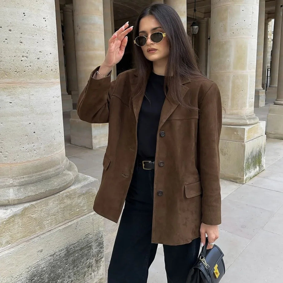 Veste blazer femme en suédine marron avec poches