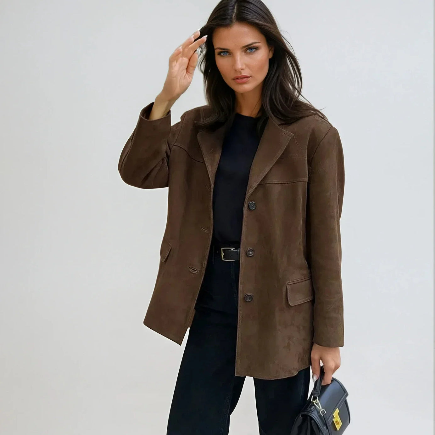 Veste blazer femme en suédine marron avec poches