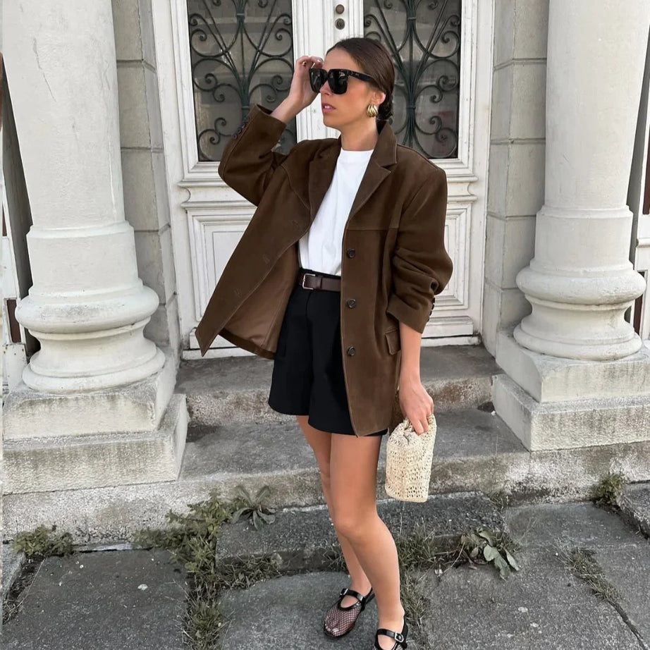 Veste blazer femme en suédine marron avec poches