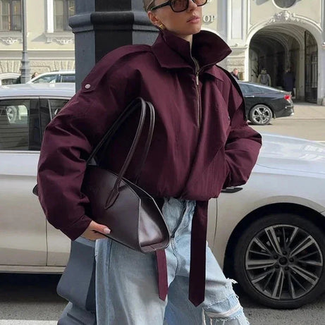 Veste bomber bordeaux femme col montant avec poches