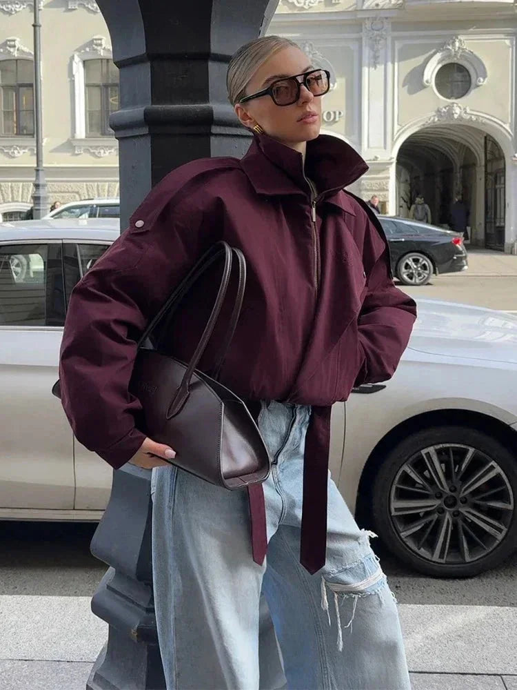 Veste bomber bordeaux femme col montant avec poches