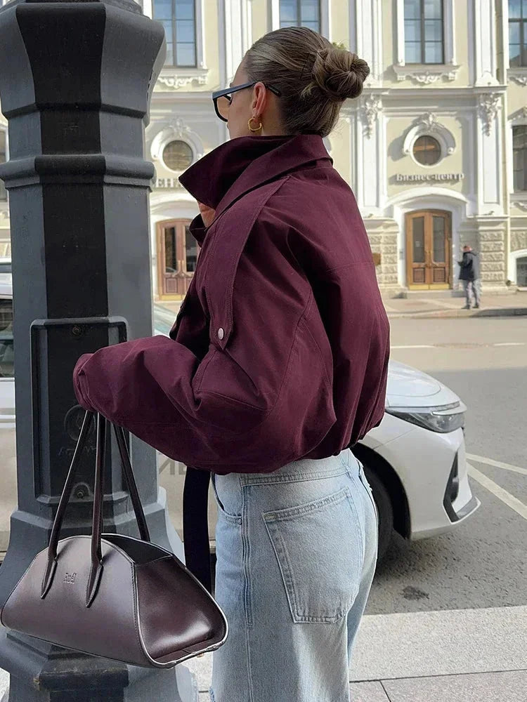 Veste bomber bordeaux femme col montant avec poches