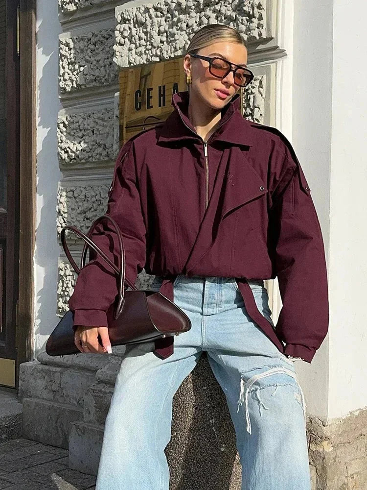 Veste bomber bordeaux femme col montant avec poches