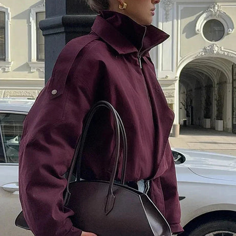 Veste bomber bordeaux femme col montant avec poches